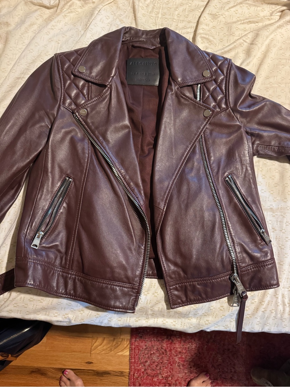 All Saints Leather Biker Moto Jacket Burgundy Sz 2